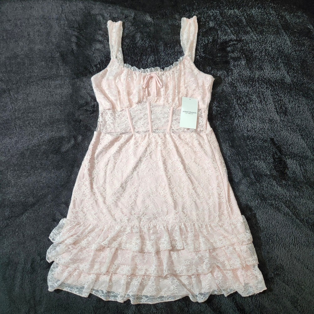 Mixed Threads LA Pink Lace Tiered Ruffle Mini Dress Corset Style IR1205-HU03 L